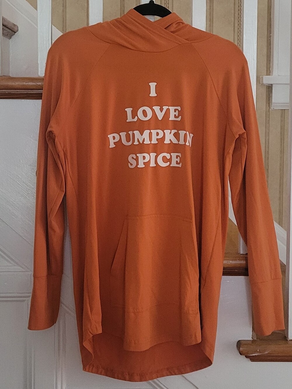 LULAROE I LOVE PUMPKIN SPICE Burnt Orange Hoodie Size Medium Marshmellow Fabric